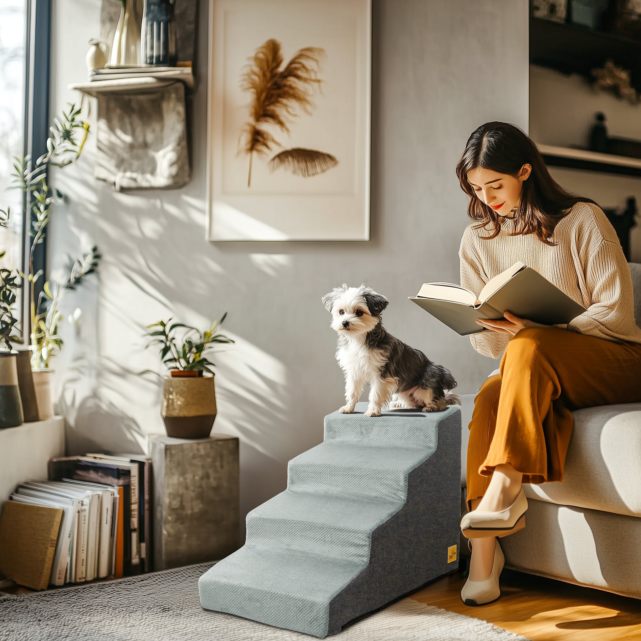 Sponge Dog Stairs for Bed & Sofa, 4 Step Dog Stairs, Dog Bed Steps for High Places, Non-Slip Gray Pet Stairs for Small Dogs - Image 4
