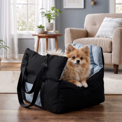 Puppy Travel Carrier Bed: Dog Booster Car Seat Pet Travel Carrier Bed with Safety Belt, Storage Pocket for Vehicles, Shoulder Strap/ Handle
