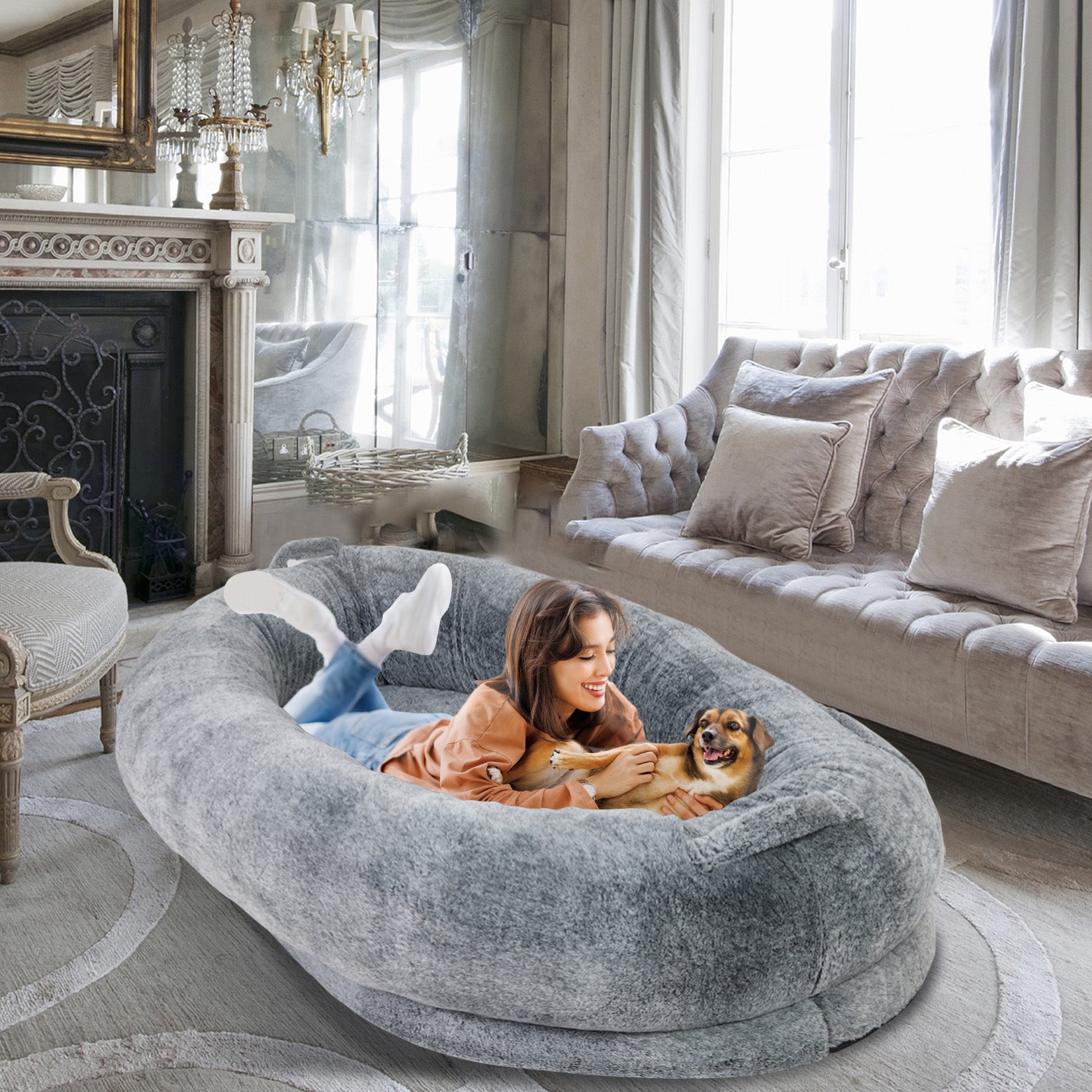 Giant Oval Dog Bed Extra Large Dog Bed for You and Pets Warm Sleeping Bed Grey - Image 4