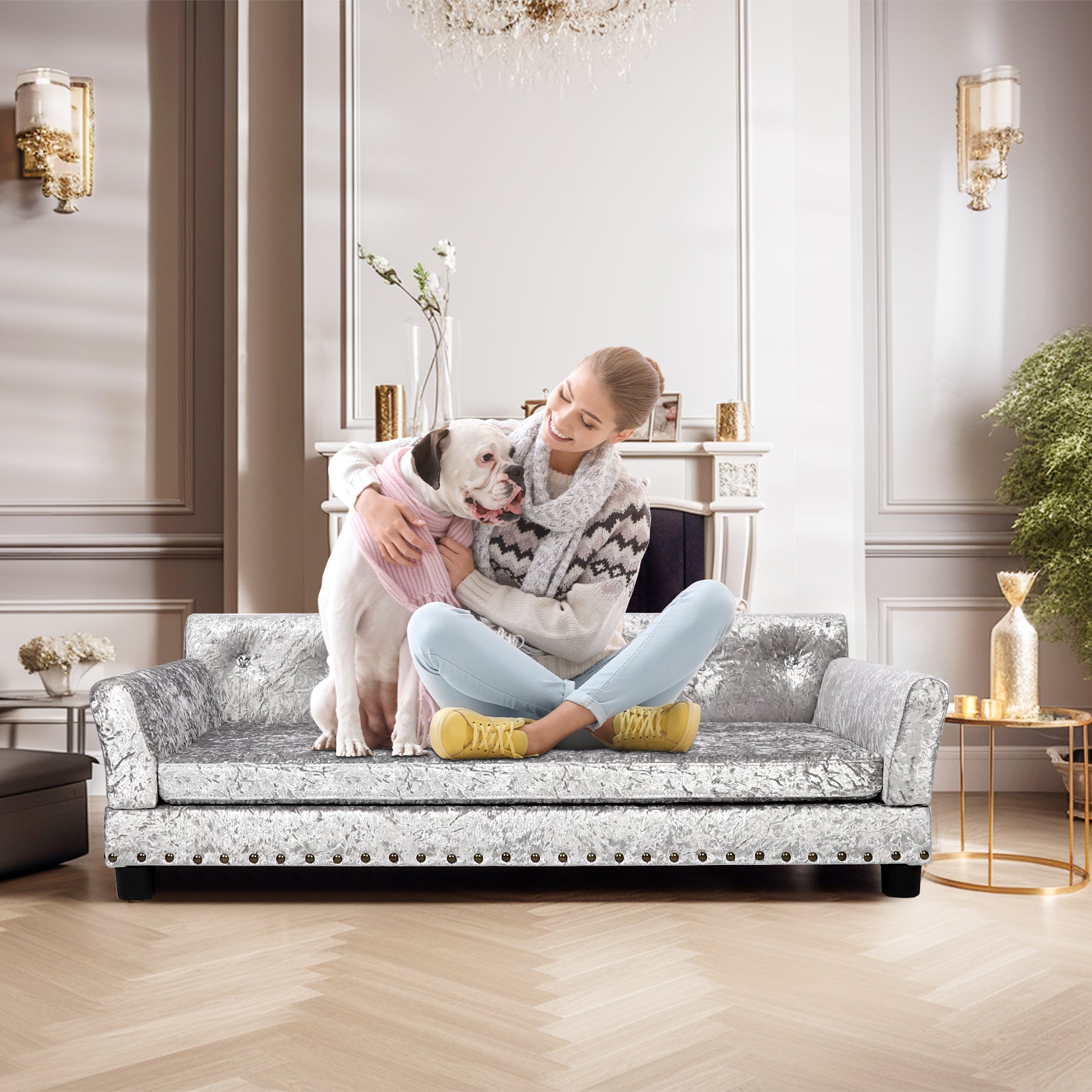 Pet Dog Couch Bed Deluxe Dutch Velvet Upholstered Sofa Bed Removable Cushion - Image 3