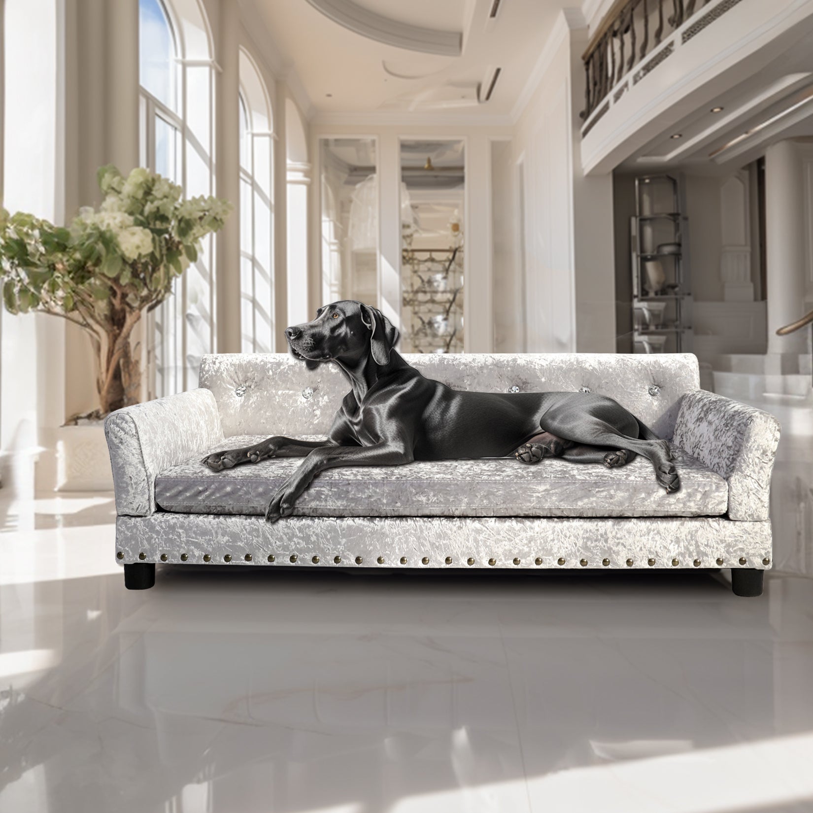 Pet Dog Couch Bed Deluxe Dutch Velvet Upholstered Sofa Bed Removable Cushion - Image 5