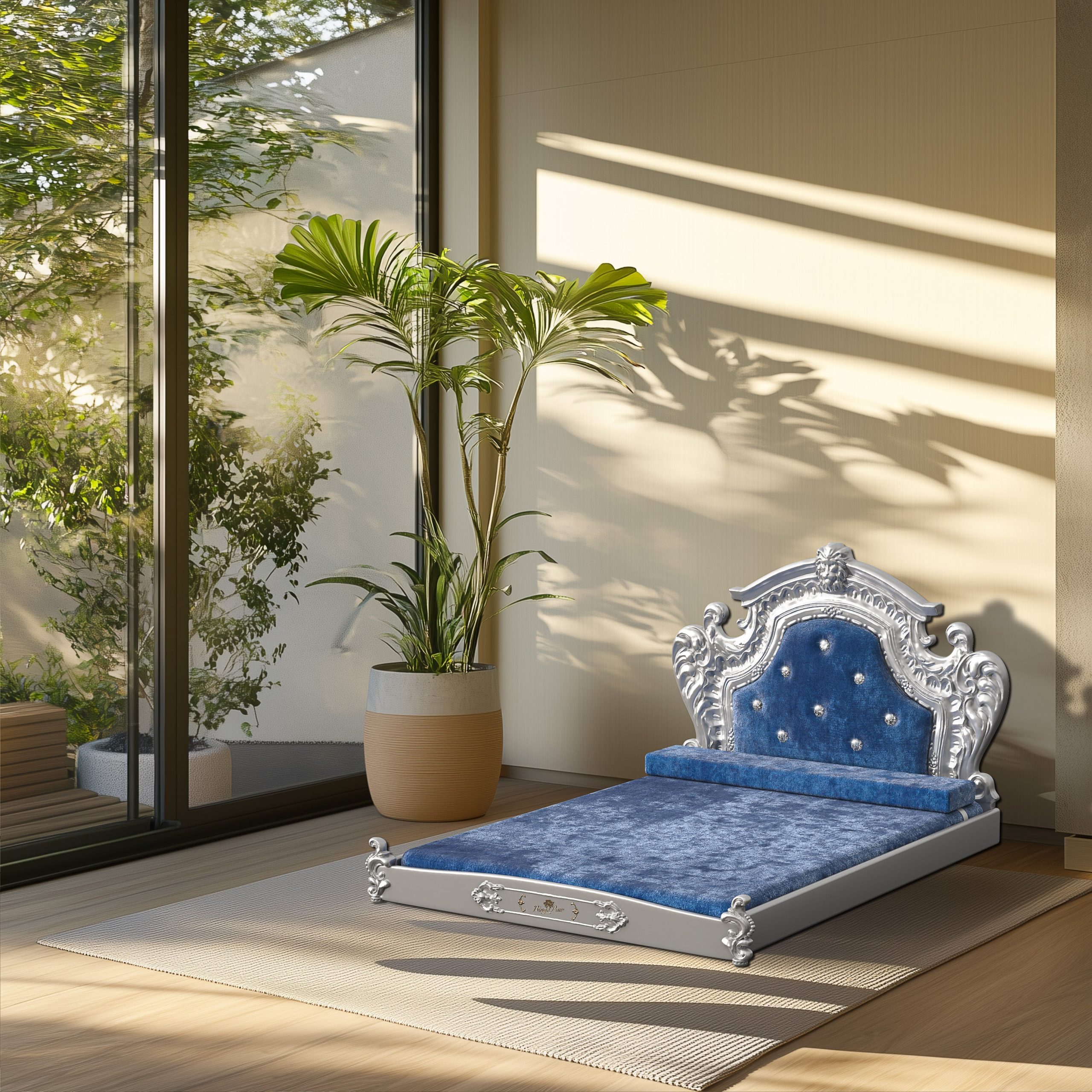 Luxury Pet Bed with Headboard, Dutch Velvet Dog Cat Bed for Medium and Large Dog, European Style Noble Pet Bed, 11cm High Elastic Sponge, Pink/Blue - Image 2