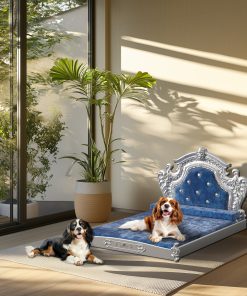 Luxury Pet Bed with Headboard, Dutch Velvet Dog Cat Bed for Medium and Large Dog, European Style Noble Pet Bed, 11cm High Elastic Sponge, Pink/Blue