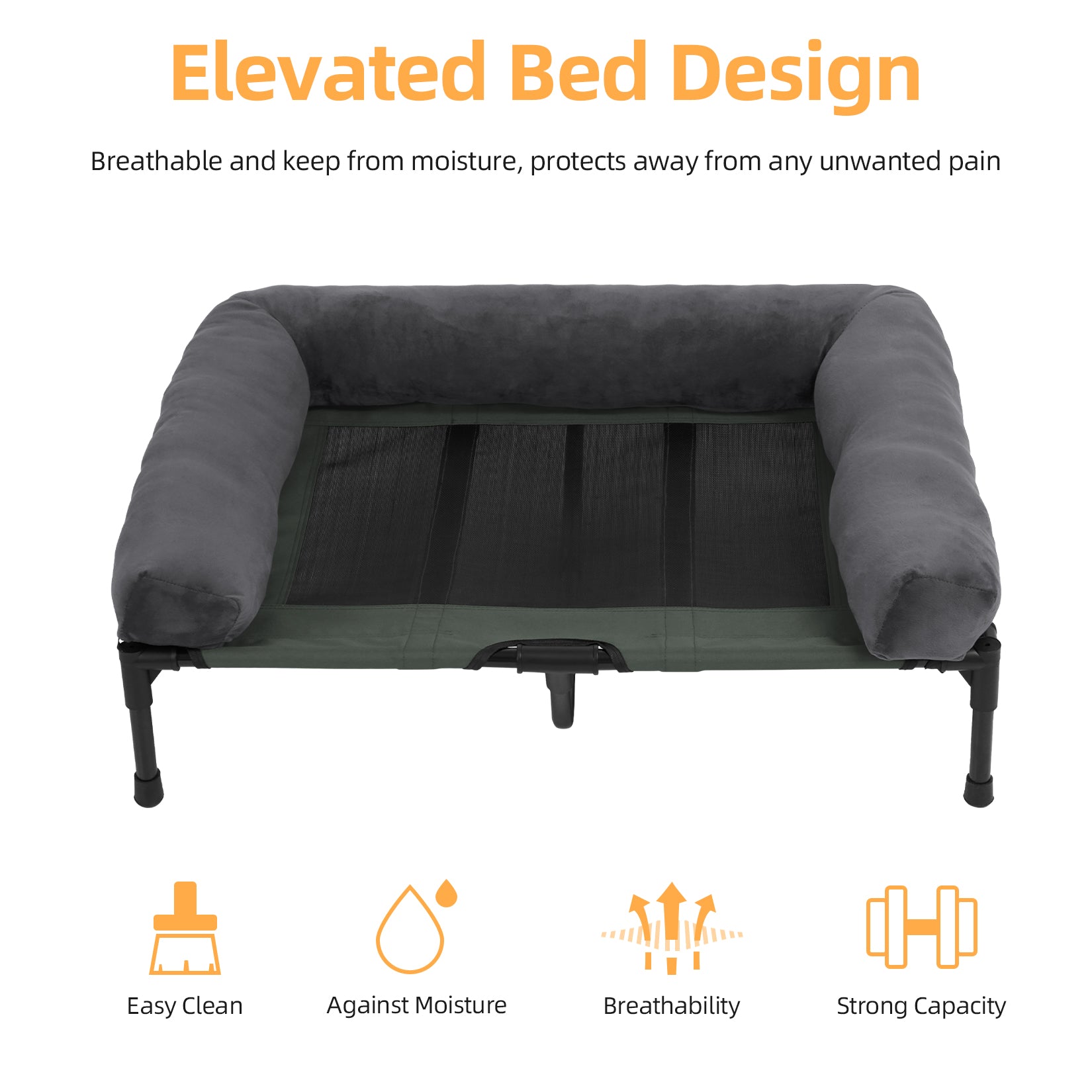 Elevated Dog Bed with Detachable Plush Bolster Outdoor Summer Cooling Raised Dogs Pet Lounger Bed Mesh Cot Bedding - Image 2