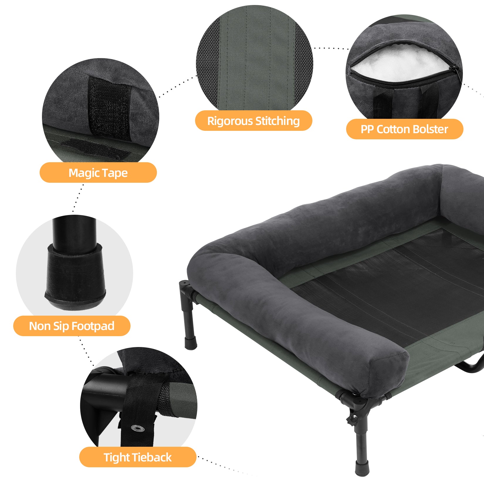 Elevated Dog Bed with Detachable Plush Bolster Outdoor Summer Cooling Raised Dogs Pet Lounger Bed Mesh Cot Bedding - Image 3