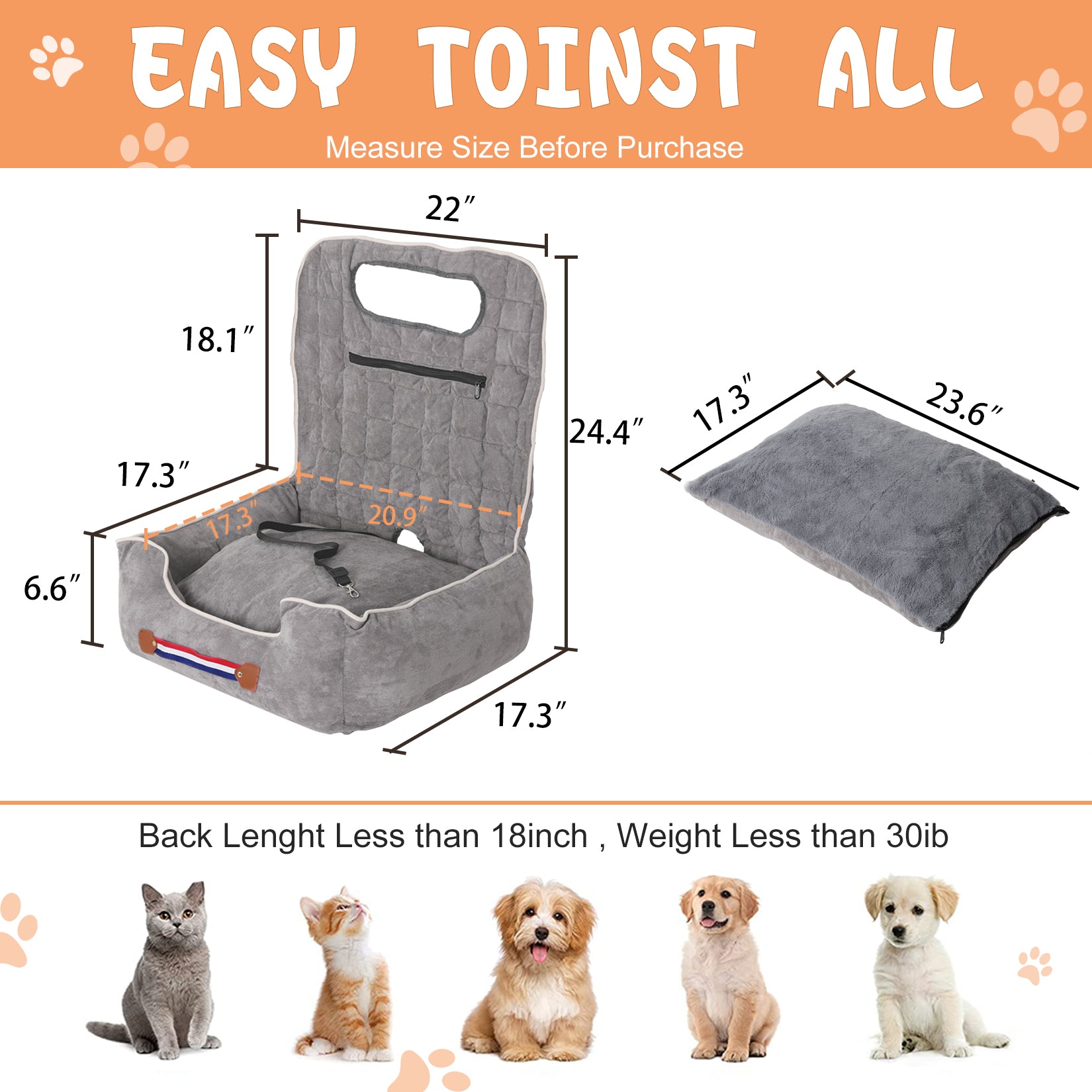 Soft Dog Car Seat Safe Anti-Slip Travel Portable Dog Booster with Pockets - Image 3