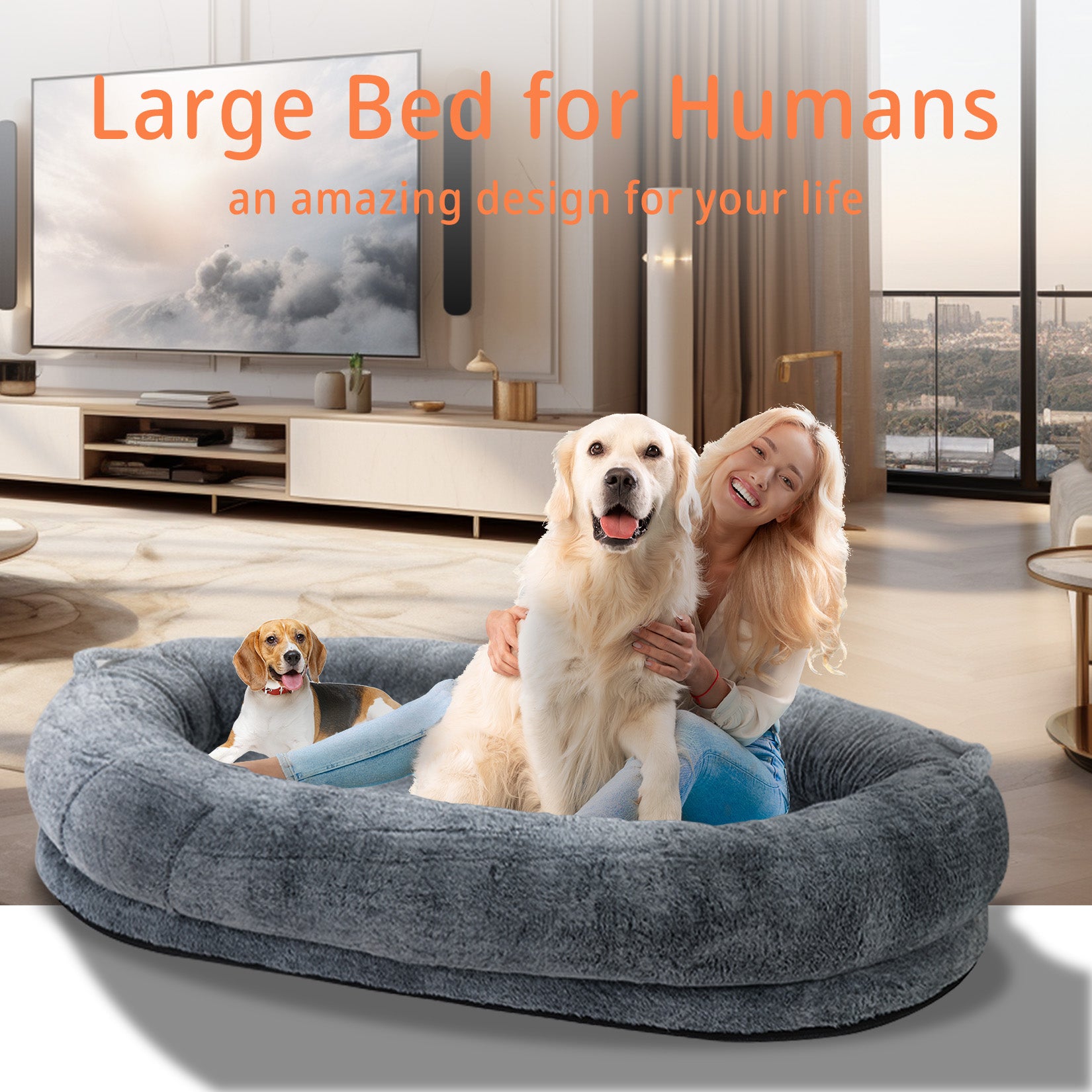 Giant Oval Dog Bed Extra Large Dog Bed for You and Pets Warm Sleeping Bed Grey - Image 3