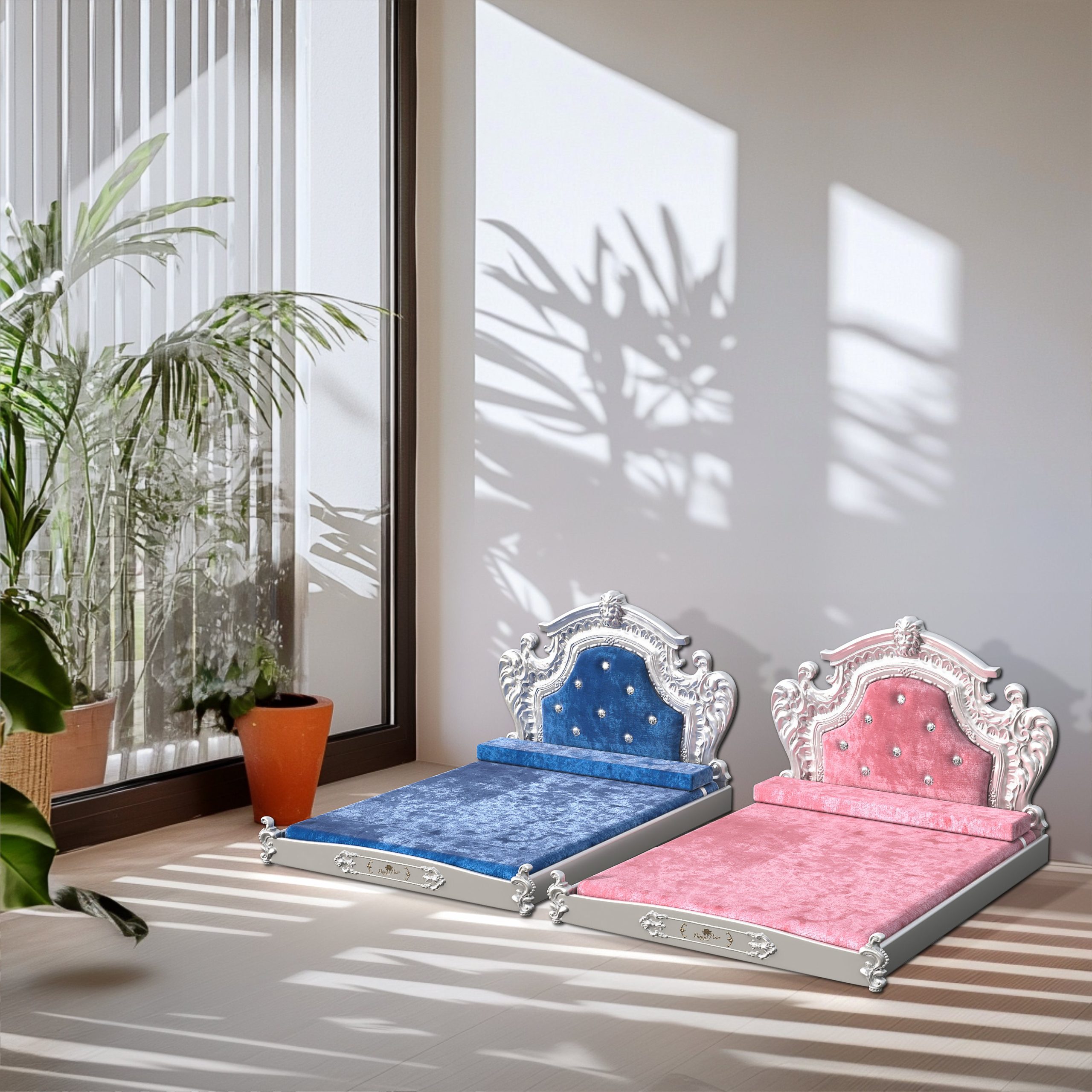 Luxury Pet Bed with Headboard, Dutch Velvet Dog Cat Bed for Medium and Large Dog, European Style Noble Pet Bed, 11cm High Elastic Sponge, Pink/Blue - Image 5