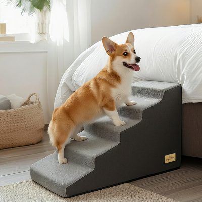 Sponge Dog Stairs for Bed & Sofa, 4 Step Dog Stairs, Dog Bed Steps for High Places, Non-Slip Gray Pet Stairs for Small Dogs