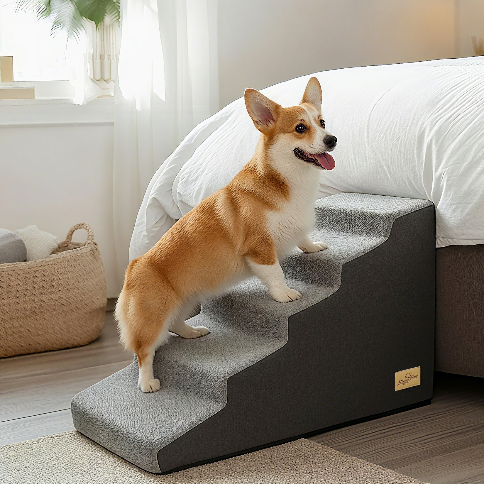 Sponge Dog Stairs for Bed & Sofa, 4 Step Dog Stairs, Dog Bed Steps for High Places, Non-Slip Gray Pet Stairs for Small Dogs