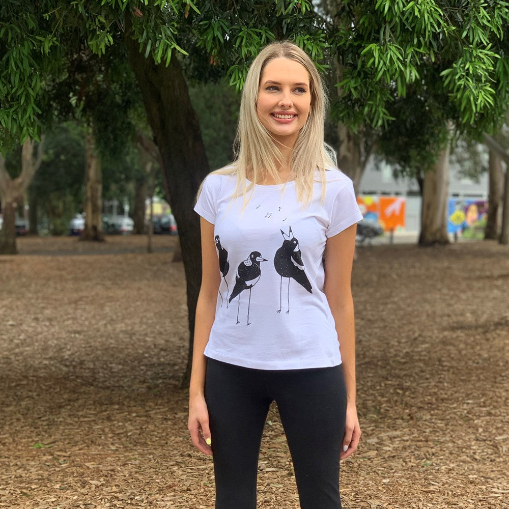 Singing Magpies White Womens Tee - Image 3