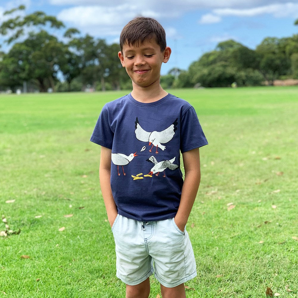 Seagulls Squabble Dusky Blue Kids Tee - Image 2